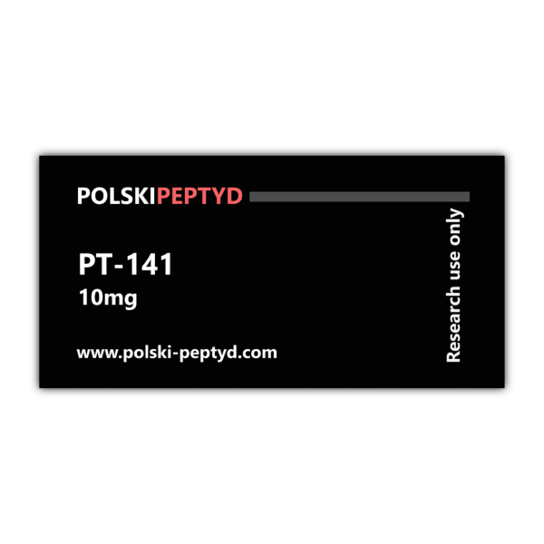 Naklejka na fiolce informująca o właściwościach przebadanego peptydu PT-141 10mg.