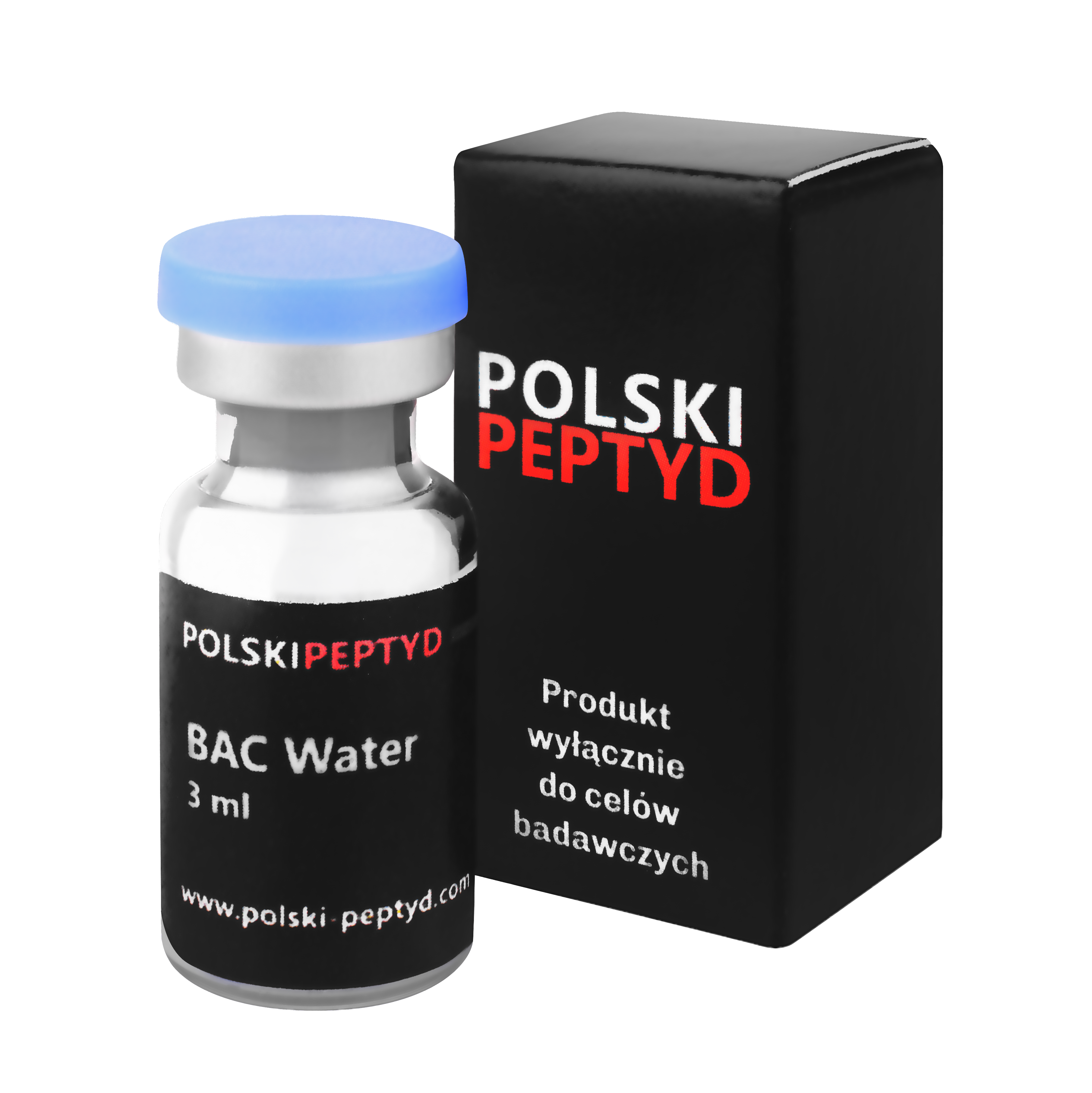 Naklejka na fiolce informująca o właściwościach przebadanego peptydu Woda BAC 3ml.