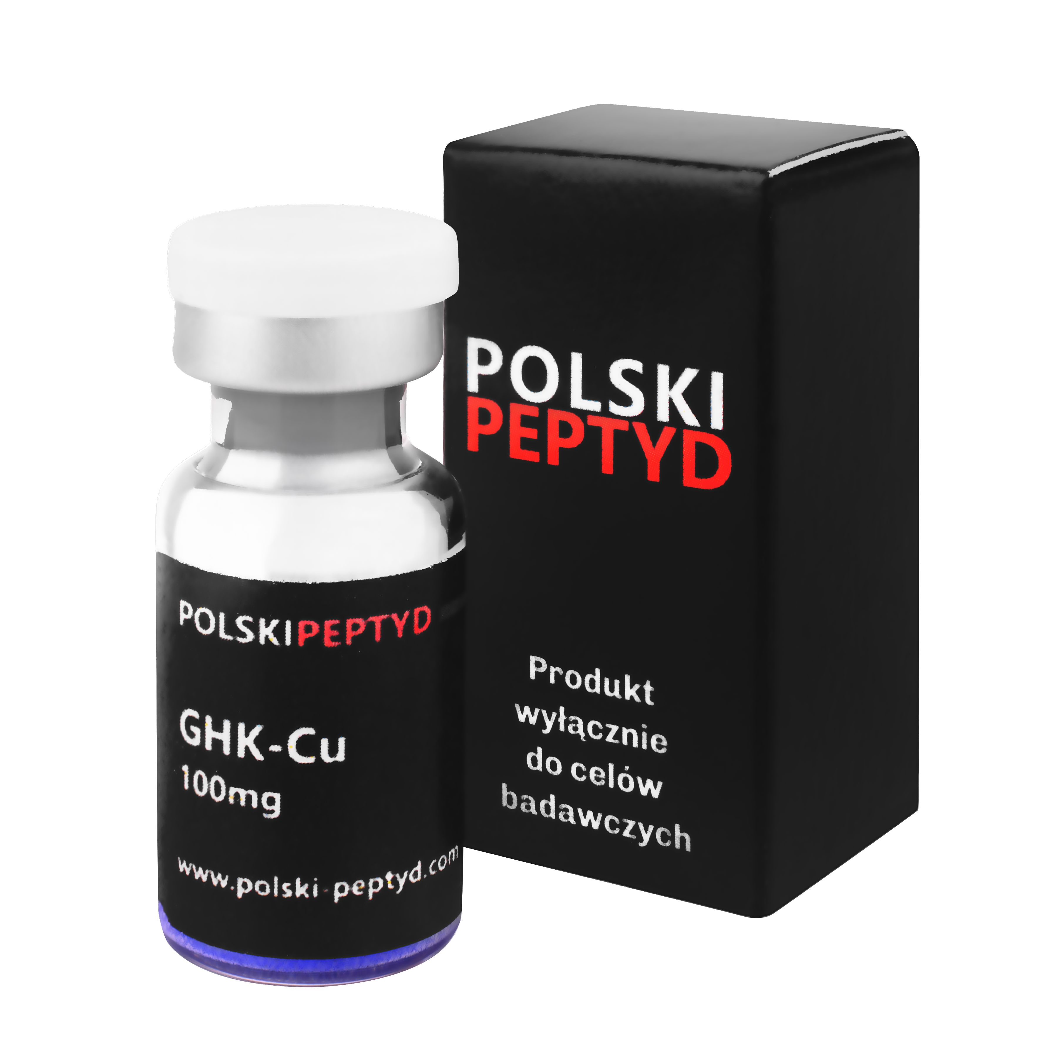 Naklejka na fiolce informująca o właściwościach przebadanego peptydu GHK-Cu 100mg.