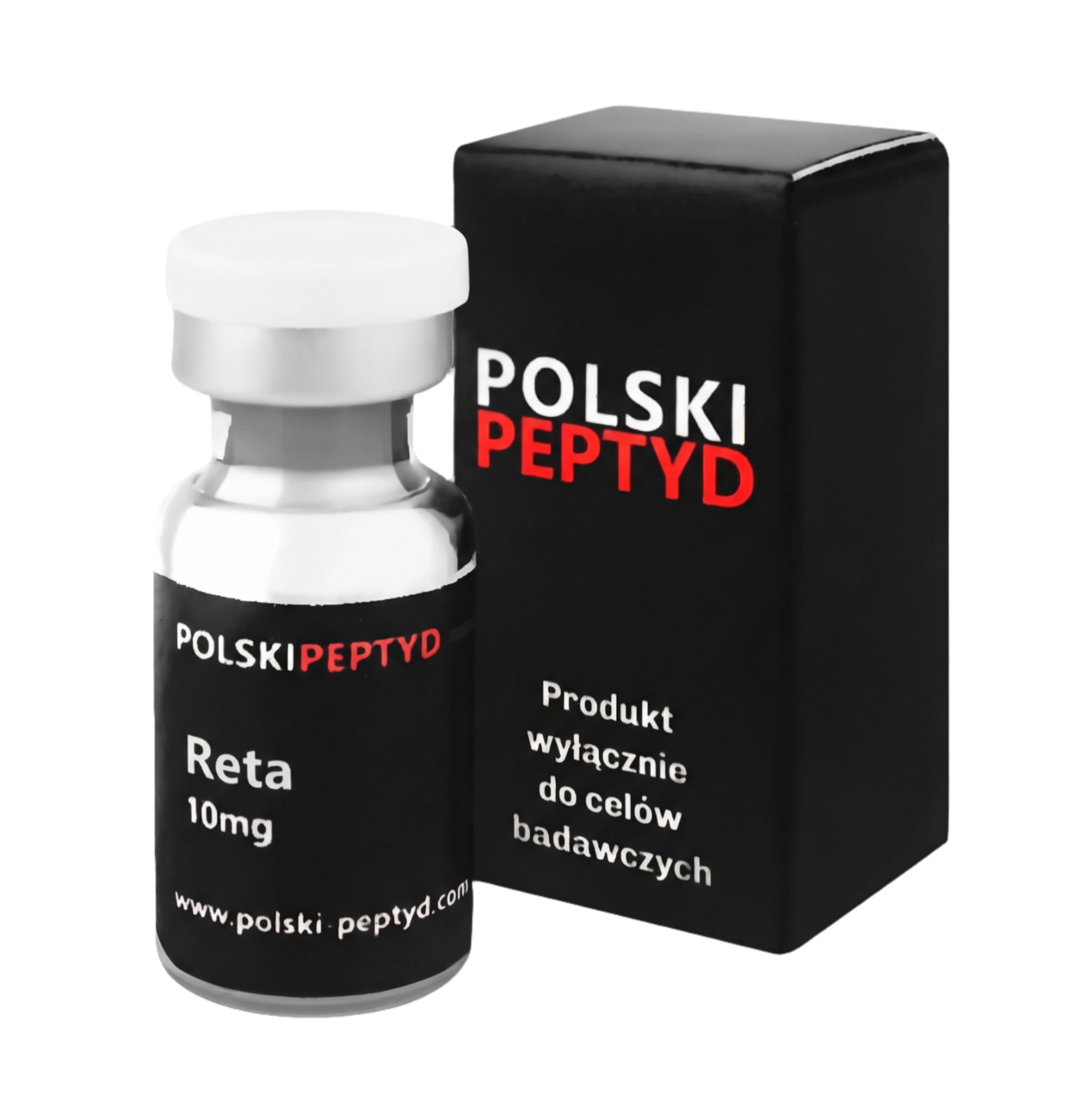 Naklejka na fiolce informująca o właściwościach przebadanego peptydu Reta 10mg (GLP-1 + GIP + GLC).