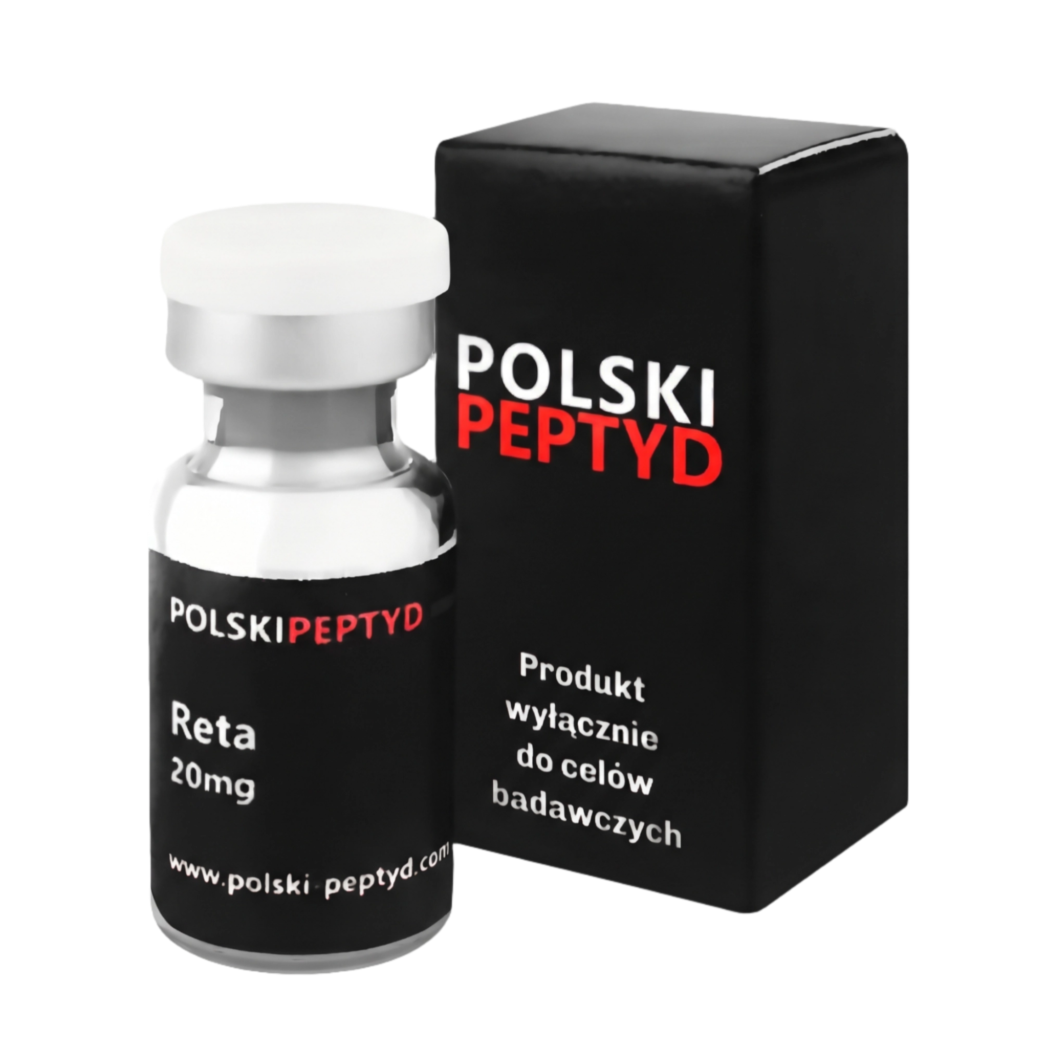 Naklejka na fiolce informująca o właściwościach przebadanego peptydu Reta 20mg (GLP-1 + GIP + Glucagon).