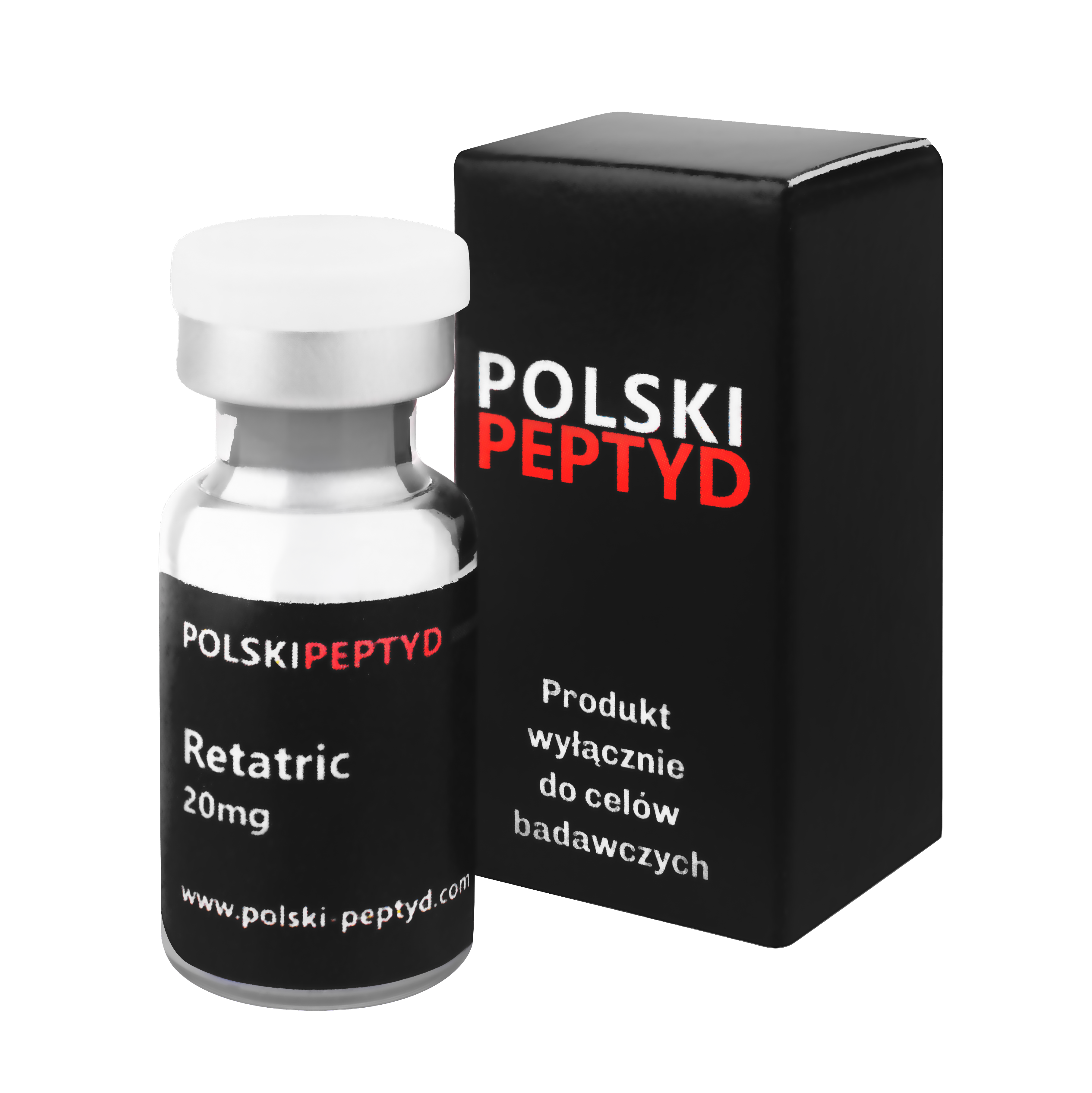 Naklejka na fiolce informująca o właściwościach przebadanego peptydu Retatric 20mg (GLP-1 + GIP + Glucagon).