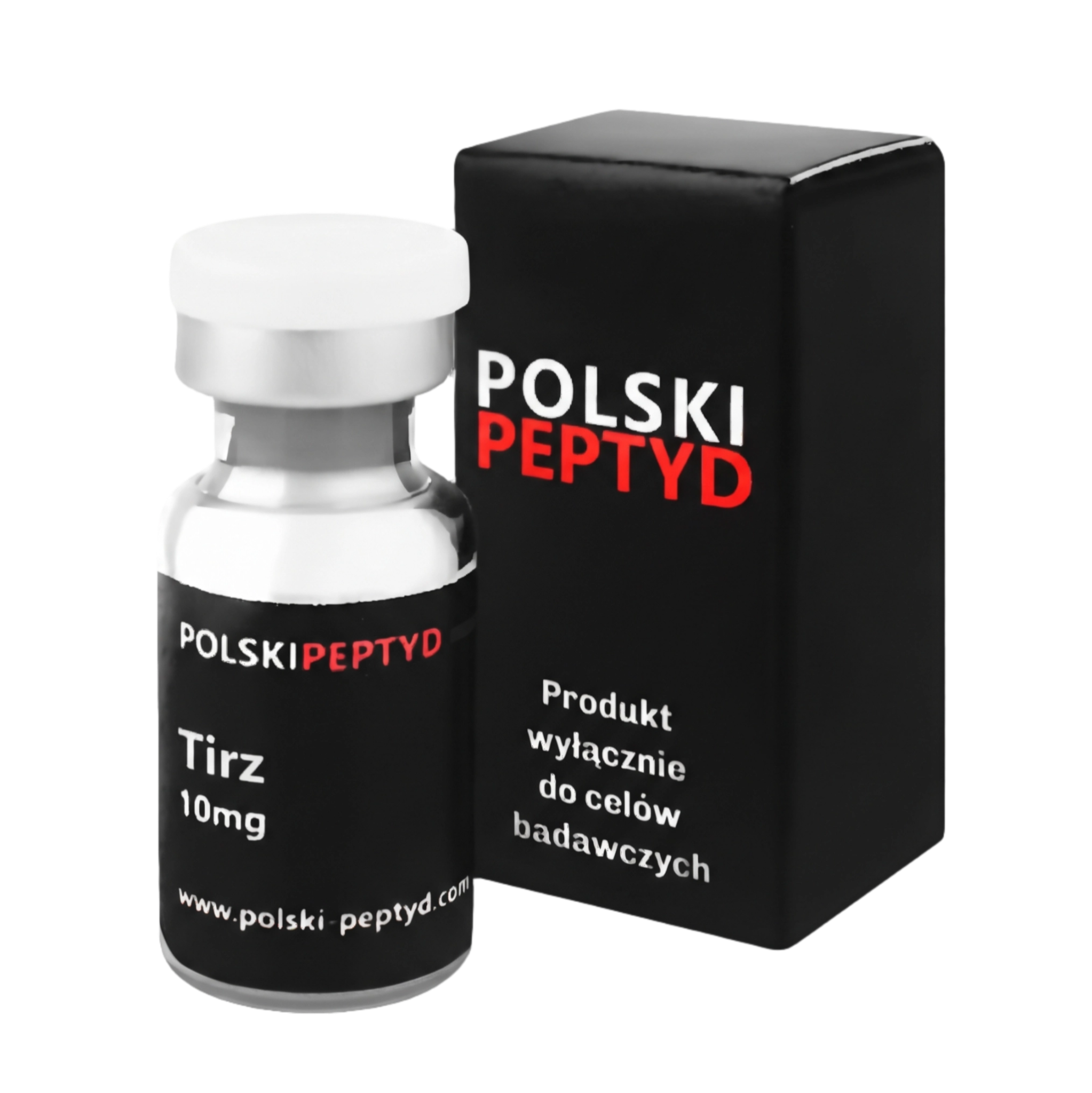 Naklejka na fiolce informująca o właściwościach przebadanego peptydu Tirz 10mg (GLP-1 + GIP).