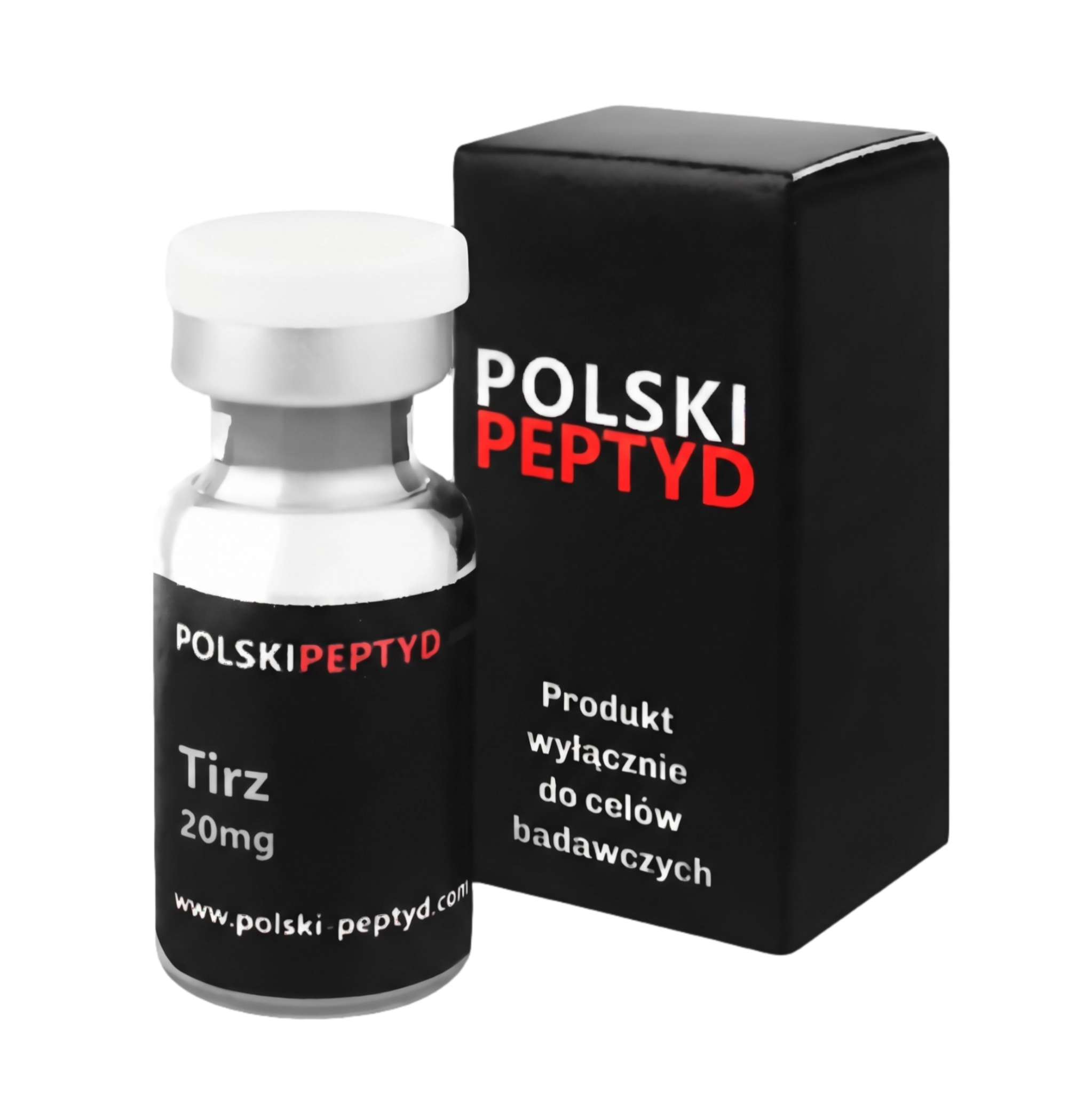 Naklejka na fiolce informująca o właściwościach przebadanego peptydu Tirz 20mg (GLP-1 + GIP).