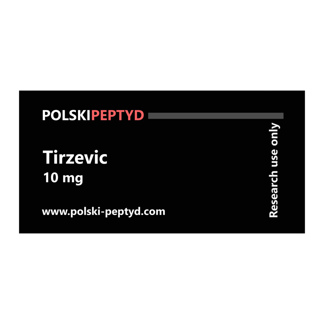 Naklejka na fiolce informująca o właściwościach przebadanego peptydu Tirzevic 10mg (GLP-1 + GIP).